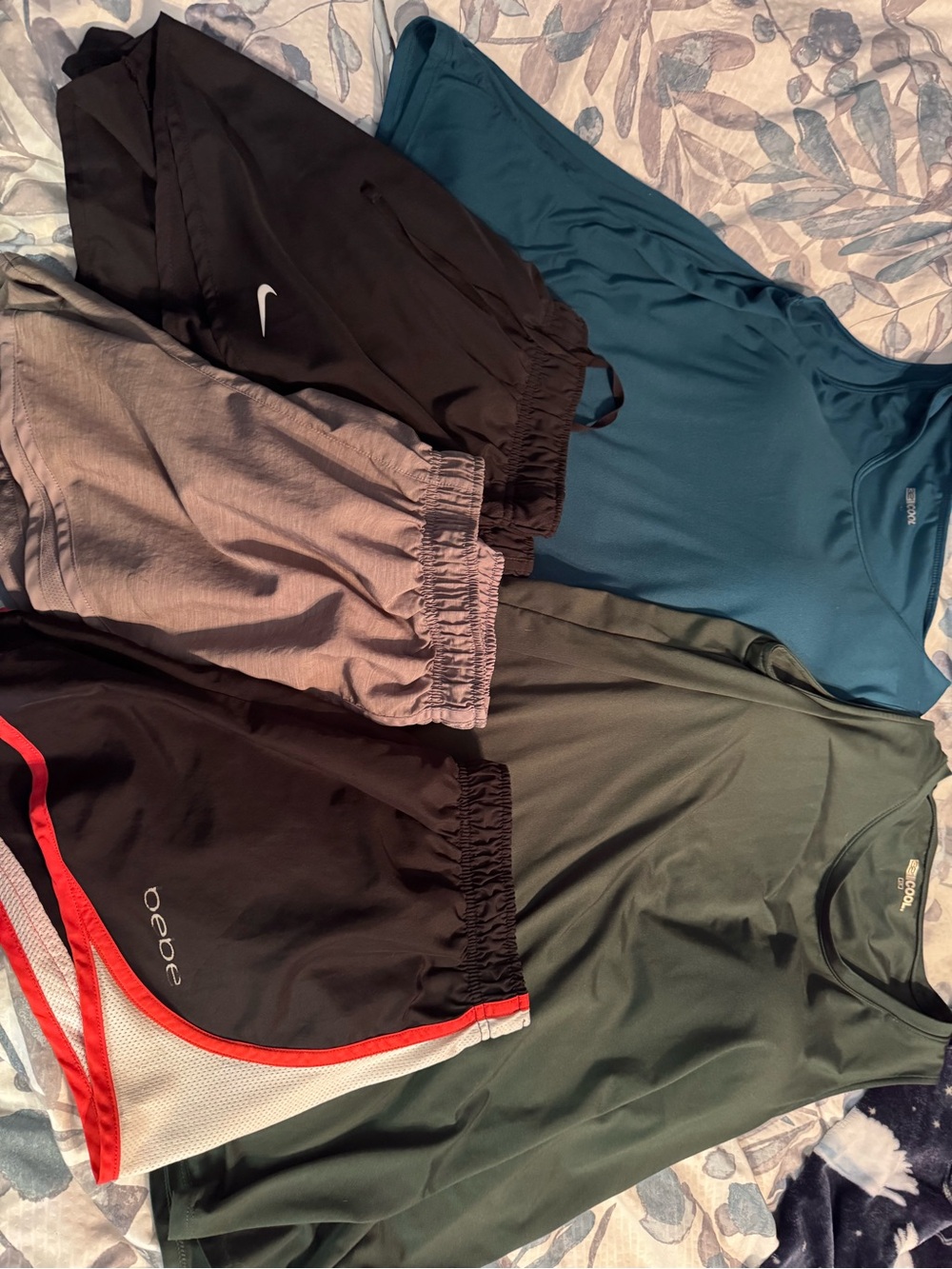 Nike Black, Gray, Bebe sz L running shorts, Teal &Olive padded 32* tanks sz L